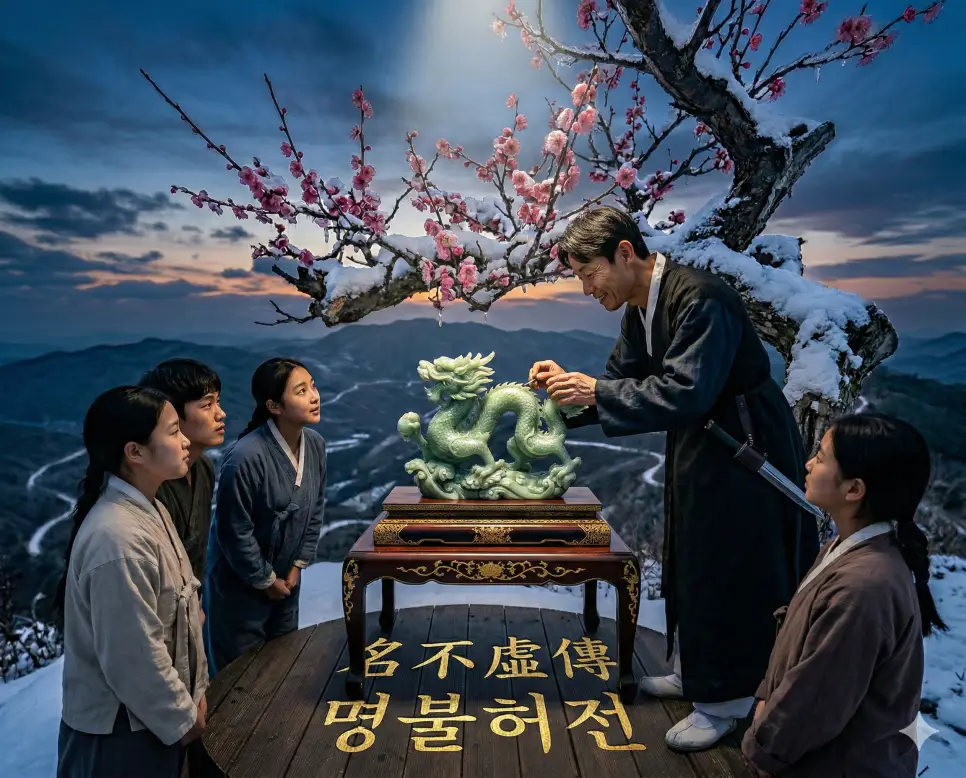 명불허전(名不虛傳) 뜻 – 명성이 헛되이 전해지는 것이 아님을 의미하며, 수많은 구경꾼 앞에서 완벽한 솜씨로 걸작을 만들어내어 실력을 증명하는 장인의 당당하고 사실적인 이미지