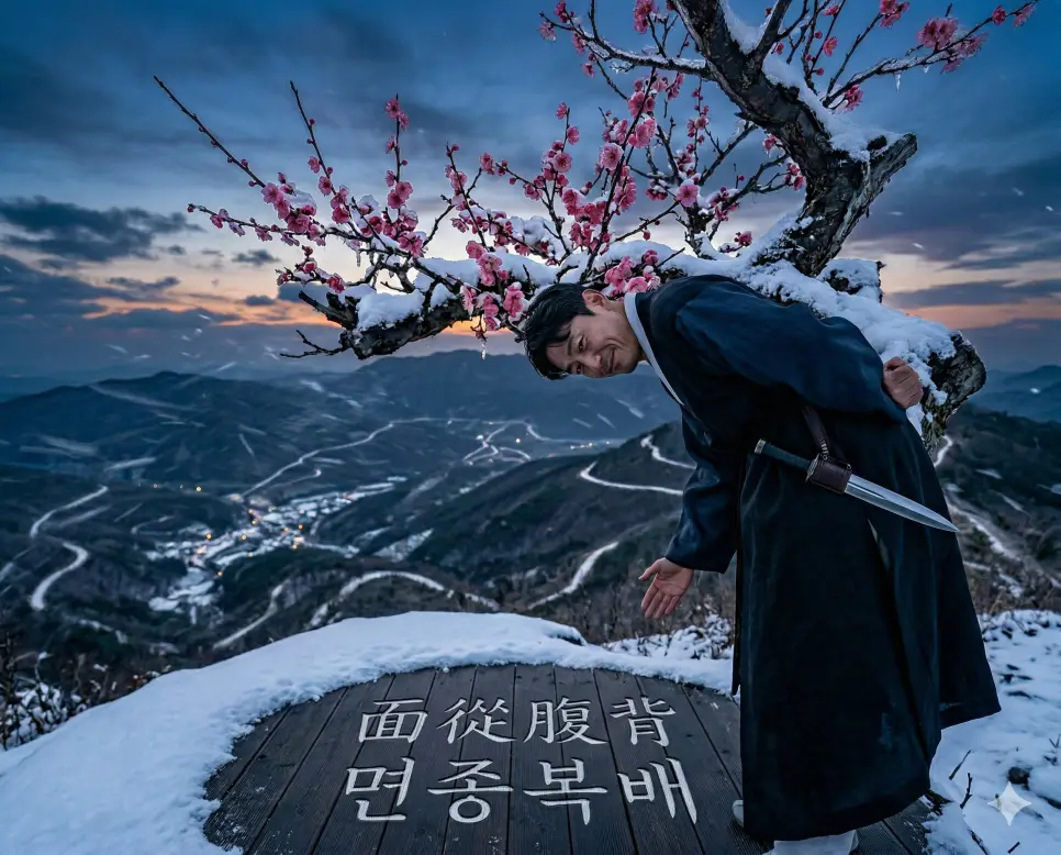 면종복배(面從腹背) 뜻 – 앞에서는 순종하는 척하고 뒤에서는 배신함을 의미하며, 미소 짓는 가면을 쓰고 등 뒤로는 칼을 숨긴 인물의 상징적이고 사실적인 이미지