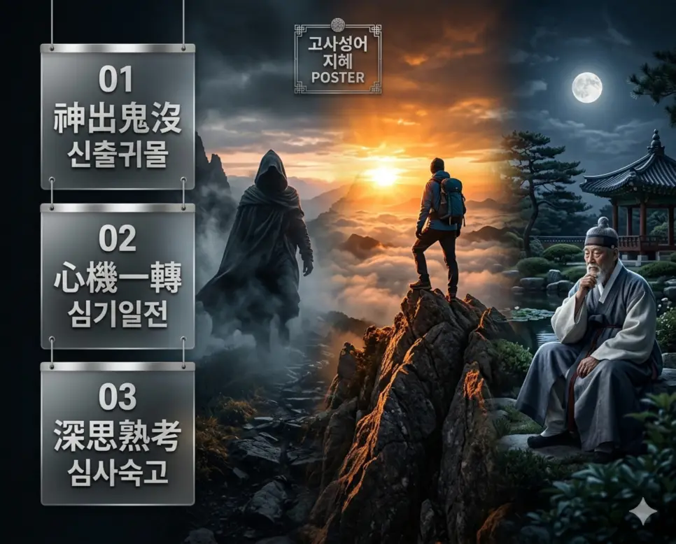 신출귀몰 뜻, 심기일전 뜻, 심사숙고 뜻: 변화무쌍한 능력과 새로운 결단, 신중한 판단의 지혜 정리 4 신출귀몰, 심기일전, 심사숙고의 뜻과 핵심을 담은 세련된 영화 포스터 스타일의 FAQ 인포그래픽