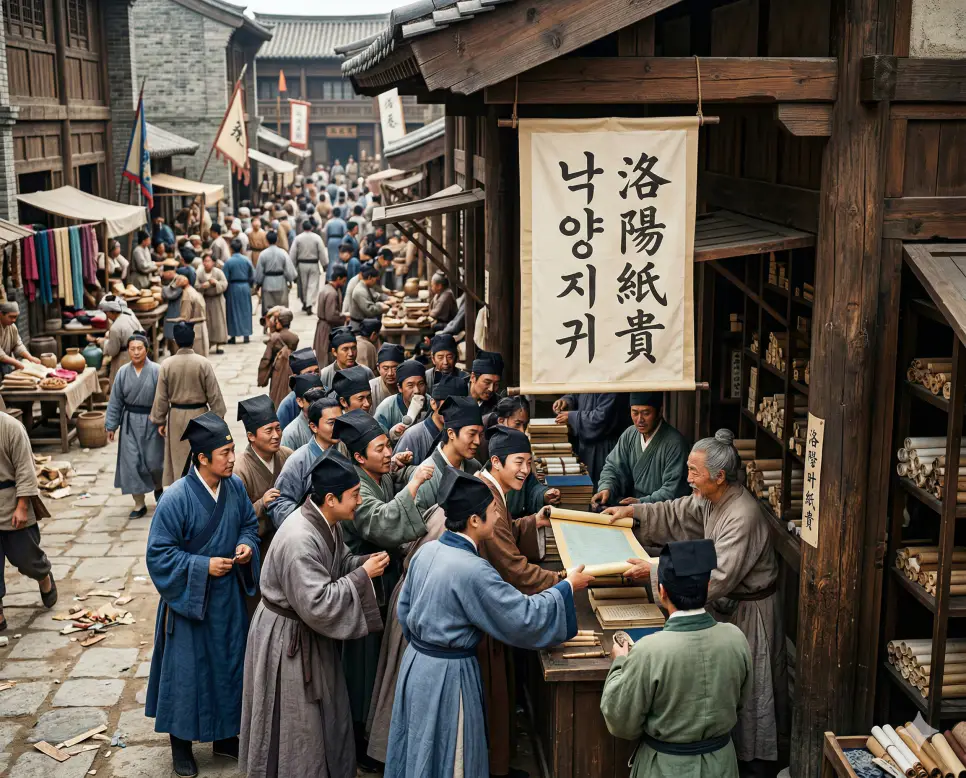 길흉화복 뜻, 낙양지귀 뜻, 낙화유수 뜻: 운명과 가치, 그리고 순리의 지혜 정리 2 낙양지귀(洛陽紙貴) 뜻 – 낙양의 종이 값이 비싸진다는 뜻으로 저서가 널리 읽힘을 의미하며, 수많은 선비가 앞다투어 책을 사가는 활기찬 저잣거리 사실적 이미지
