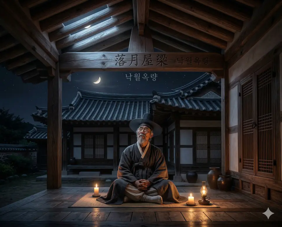 낙월옥량(落月屋梁) 뜻 – 지는 달이 지붕 위 대들보를 비춘다는 뜻으로, 밤하늘의 달을 보며 그리운 친구를 생각하는 선비의 사실적 이미지