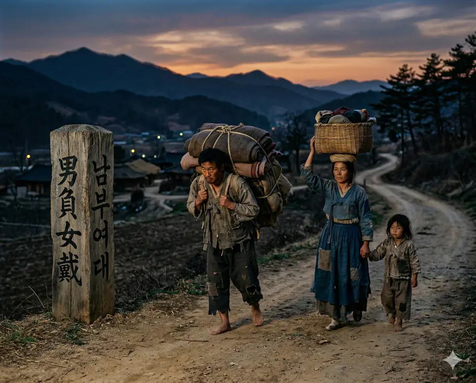 남부여대(男負女戴) 뜻 – 남자는 지고 여자는 인다는 뜻으로 가난한 사람들이 떠돌아다님을 의미하며, 짐을 꾸려 길을 떠나는 가족의 애잔하고 사실적인 이미지