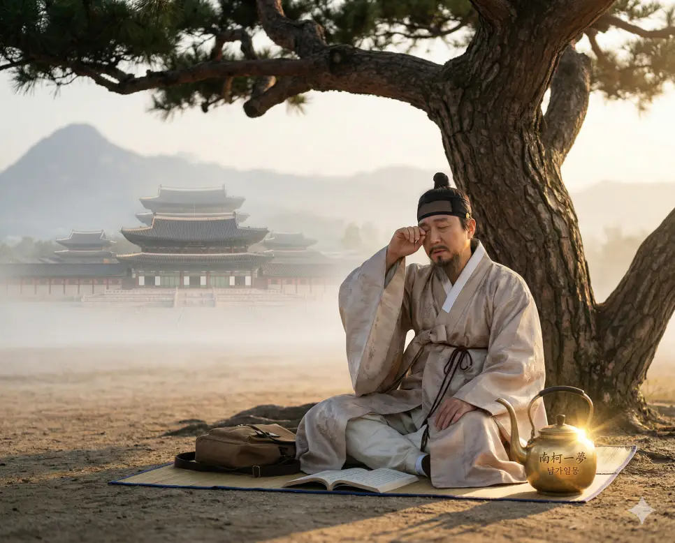 남가일몽(南柯一夢) 뜻 – 꿈속의 부귀영화처럼 덧없는 일생이나 부귀공명을 의미하며, 화려한 궁궐이 안개처럼 사라지고 잠에서 깨어난 인물의 사실적 이미지