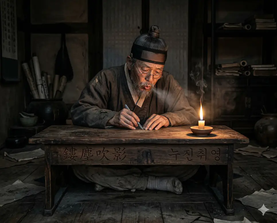누란지위 뜻, 누진취영 뜻, 눌언민행 뜻: 층층이 쌓인 위기와 인재 등용, 신중한 말과 빠른 행동의 지혜 정리 2 누진취영(鏤塵吹影) 뜻 – 먼지에 새기고 그림자를 분다는 뜻으로, 쓸데없는 일에 집착하여 헛된 노력을 상징하는 선비의 허망한 사실적 이미지