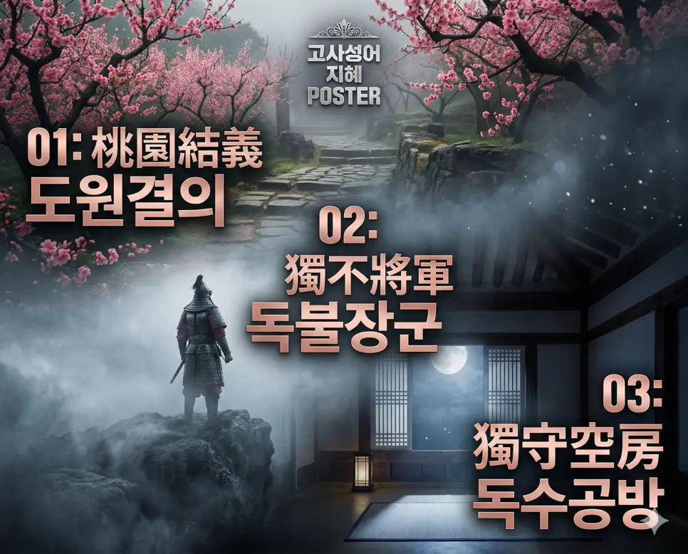 도원결의, 독불장군, 독수공방의 뜻과 핵심을 배경 이미지와 함께 정리한 세련된 영화 포스터 스타일의 FAQ 인포그래픽