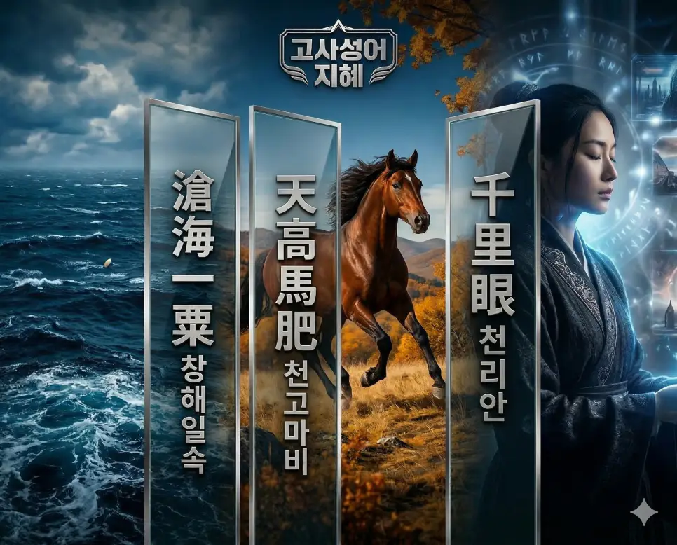창해일속, 천고마비, 천리안의 뜻과 핵심을 담은 세련된 영화 포스터 스타일의 고사성어 인포그래픽