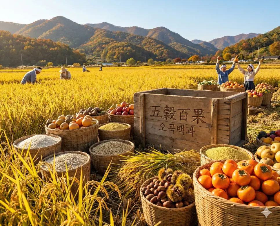 오곡백과(五穀百果) 뜻 – 온갖 곡식과 과일을 의미하며, 가을 햇살 아래 풍성하게 쌓인 곡식 가마니와 과일 바구니의 사실적인 이미지