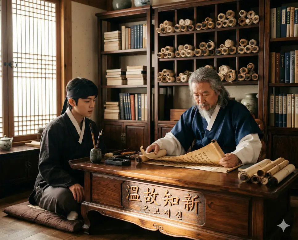 온고지신(溫故知新) 뜻 – 옛것을 익혀 새것을 안다는 뜻으로 법고창신을 의미하며, 옛 문헌을 공부하며 깨달음을 얻는 현자의 사실적 이미지