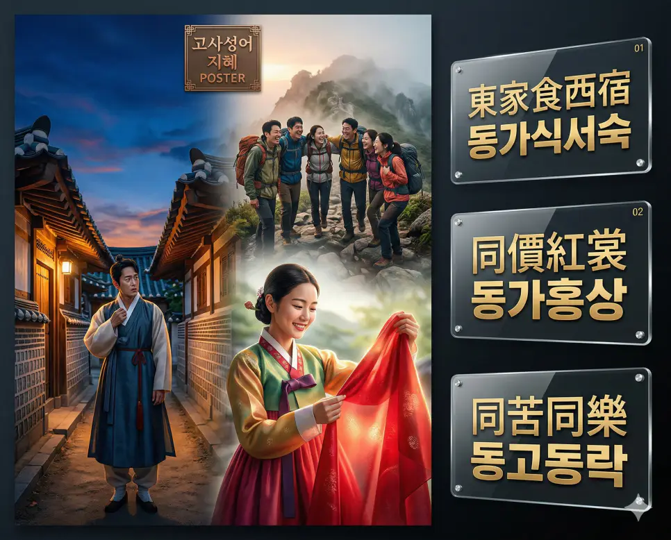 동가식서숙 뜻, 동가홍상 뜻, 동고동락 뜻: 주관과 실속, 그리고 동반자의 지혜 정리 4 동가식서숙, 동가홍상, 동고동락의 뜻과 핵심을 배경 이미지와 함께 정리한 세련된 영화 포스터 스타일의 FAQ 인포그래픽
