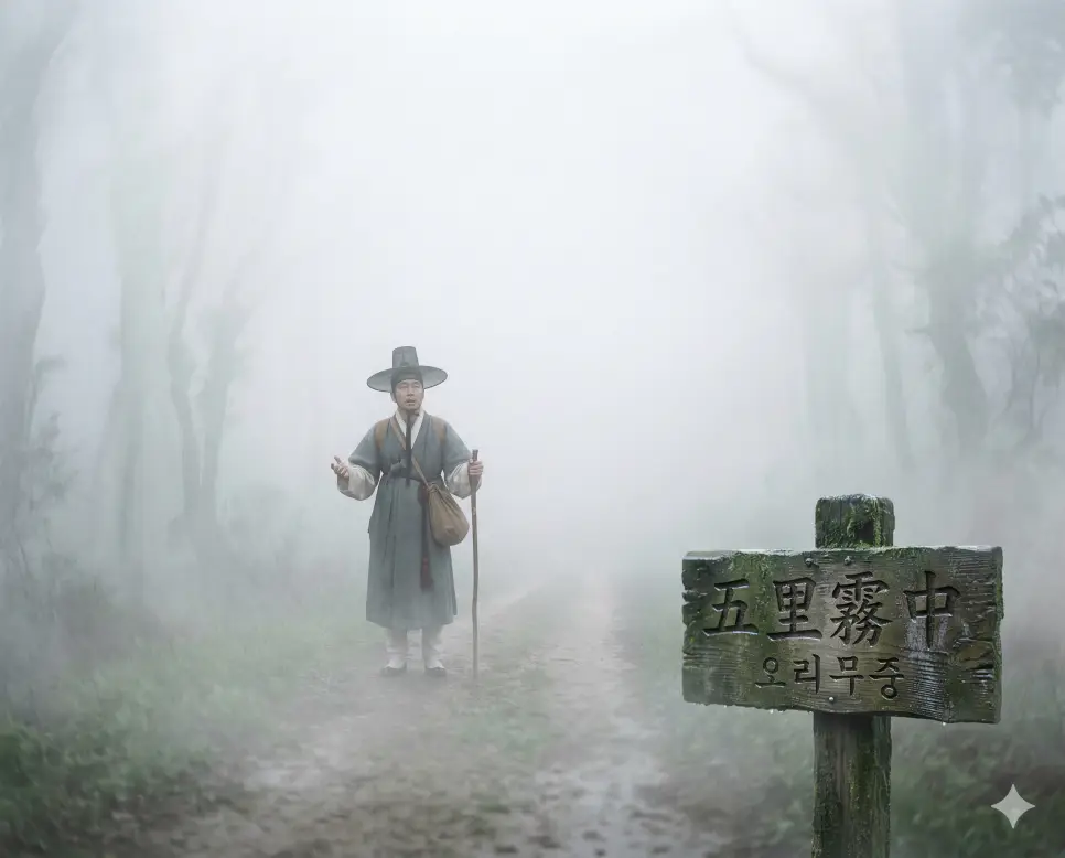 오리무중(五里霧中) 뜻 – 오 리나 되는 짙은 안개 속이라는 뜻으로 길을 찾지 못함을 의미하며, 자욱한 안개 속에서 헤매는 인물의 사실적 이미지