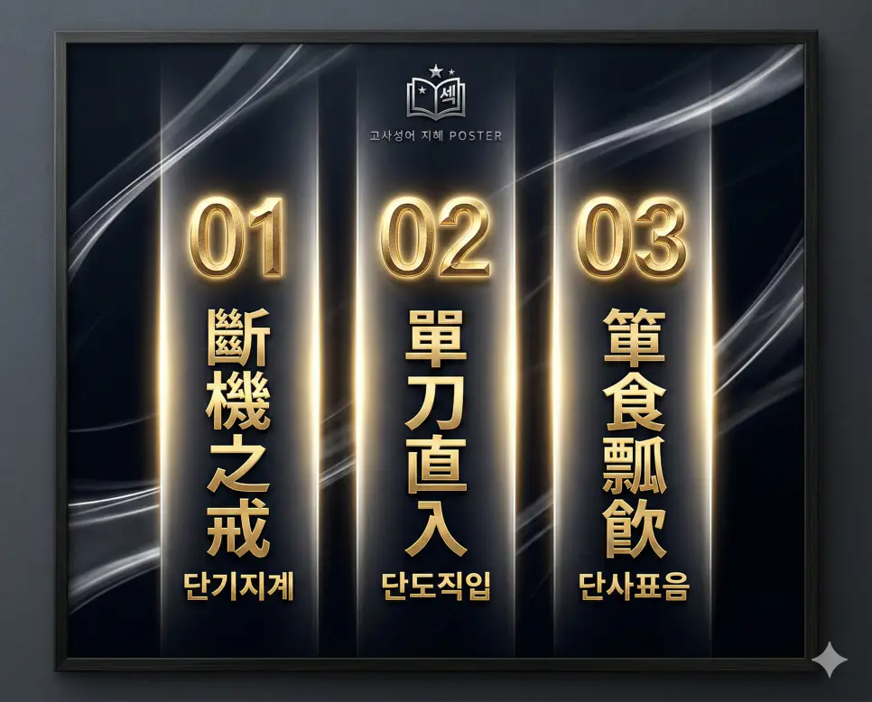 단기지계, 단도직입, 단사표음의 뜻과 핵심을 한눈에 정리한 세련된 영화 포스터 스타일의 FAQ 인포그래픽