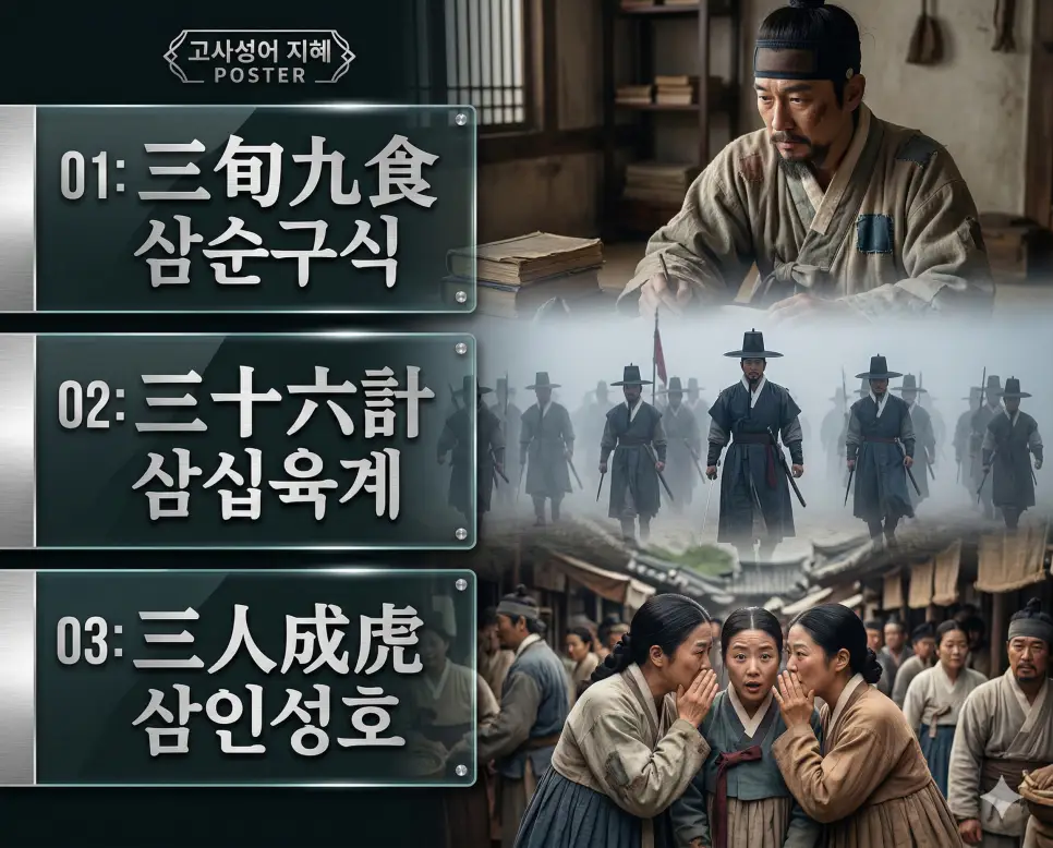 삼순구식 뜻, 삼십육계 뜻, 삼인성호 뜻: 역경을 견디는 인내와 생존 전략, 여론의 무서움 정리 4 삼순구식, 삼십육계, 삼인성호의 뜻과 핵심을 담은 세련된 영화 포스터 스타일의 FAQ 인포그래픽
