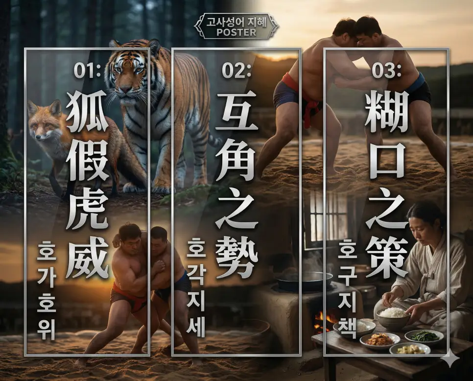 호가호위 뜻, 호각지세 뜻, 호구지책 뜻: 빌려온 권세와 팽팽한 승부, 생존을 위한 방책 정리 4 호가호위, 호각지세, 호구지책의 뜻과 핵심을 담은 세련된 영화 포스터 스타일의 고사성어 인포그래픽