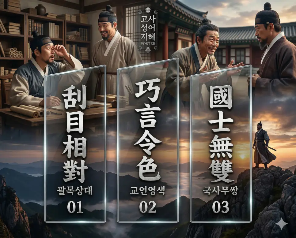 괄목상대 뜻, 교언영색 뜻, 국사무쌍 뜻: 놀라운 발전과 아부의 경계, 독보적인 인재의 지혜 정리 4 괄목상대, 교언영색, 국사무쌍의 뜻과 핵심을 담은 세련된 영화 포스터 스타일의 고사성어 인포그래픽