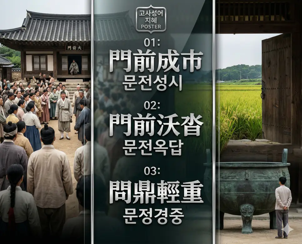 문전성시 뜻, 문전옥답 뜻, 문정경중 뜻: 번영과 자산, 그리고 통찰의 지혜 정리 4 문전성시, 문전옥답(門前沃沓), 문정경중의 뜻과 핵심을 담은 세련된 영화 포스터 스타일의 FAQ 인포그래픽