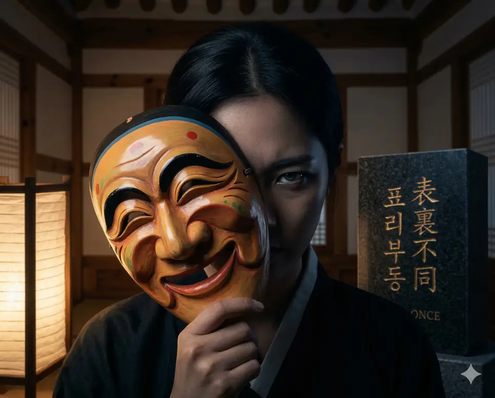 포복절도 뜻, 포의지교 뜻, 표리부동 뜻: 배꼽 잡는 웃음과 소박한 우정, 겉과 속의 경계 정리 3 표리부동(表裏不同) 뜻 – 겉과 속이 다르다는 뜻으로, 웃는 가면 뒤에 차가운 표정을 숨긴 인물의 사실적 이미지