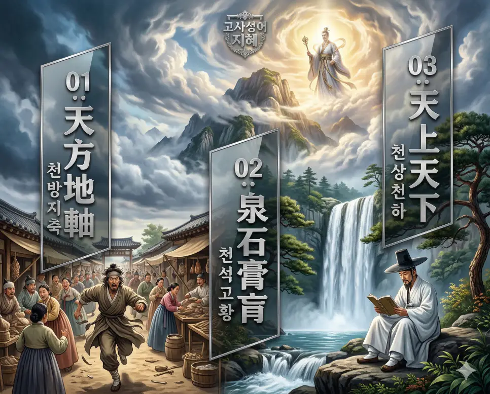 천방지축, 천석고황, 천상천하의 뜻과 핵심을 담은 세련된 영화 포스터 스타일의 고사성어 인포그래픽