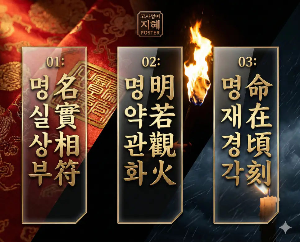 명실상부, 명약관화, 명재경각의 뜻과 핵심을 배경 이미지와 함께 정리한 세련된 영화 포스터 스타일의 FAQ 인포그래픽