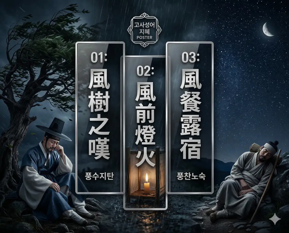 풍수지탄 뜻, 풍전등화 뜻, 풍찬노숙 뜻: 효도의 때와 위기의 순간, 고난의 시련 정리 4 풍수지탄, 풍전등화, 풍찬노숙의 뜻과 핵심을 담은 세련된 영화 포스터 스타일의 고사성어 인포그래픽