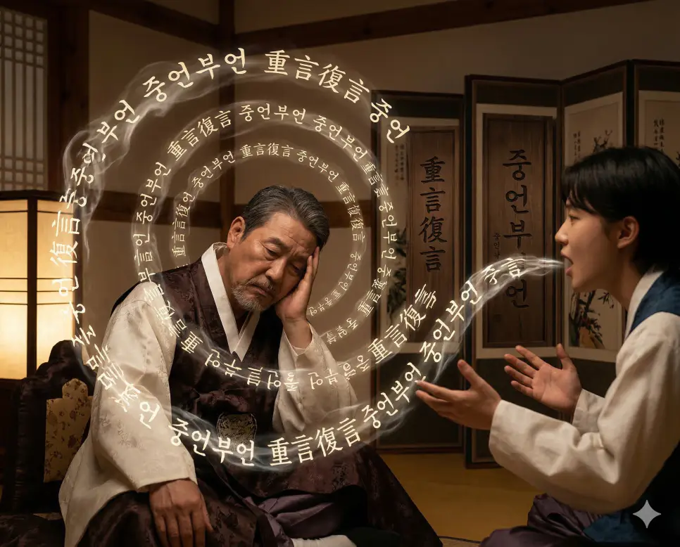 중언부언(重言復言) 뜻 – 이미 한 말을 자꾸 되풀이함을 의미하며, 피로한 청자에게 계속 말하는 인물의 사실적 이미지