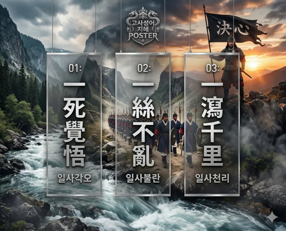 일사각오 뜻, 일사불란 뜻, 일사천리 뜻: 비장한 결의와 완벽한 질서, 쾌속 진행의 지혜 4 일사각오, 일사불란, 일사천리의 뜻과 핵심을 담은 세련된 영화 포스터 스타일의 FAQ 인포그래픽