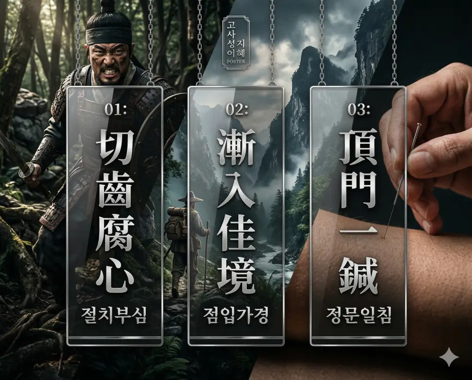 절치부심 뜻, 점입가경 뜻, 정문일침 뜻: 복수의 칼날과 갈수록 태산, 따끔한 충고의 지혜 4 절치부심, 점입가경, 정문일침의 뜻과 핵심을 담은 세련된 고사성어 인포그래픽
