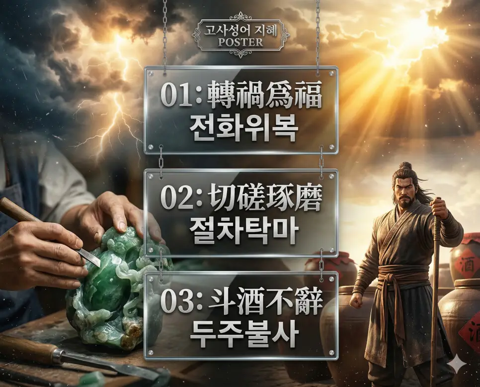 전화위복 뜻, 절차탁마 뜻, 두주불사 뜻: 역전의 기회와 수양의 노력, 호탕한 기개 정리 4 전화위복, 절차탁마, 두주불사의 뜻과 핵심을 담은 세련된 고사성어 인포그래픽