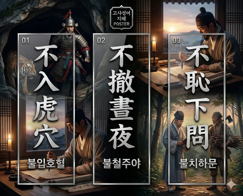 불입호혈 뜻, 불철주야 뜻, 불치하문 뜻: 도전의 용기와 불침번의 노력, 겸손의 지혜 정리 4 불입호혈, 불철주야, 불치하문의 뜻과 핵심을 담은 세련된 영화 포스터 스타일의 FAQ 인포그래픽