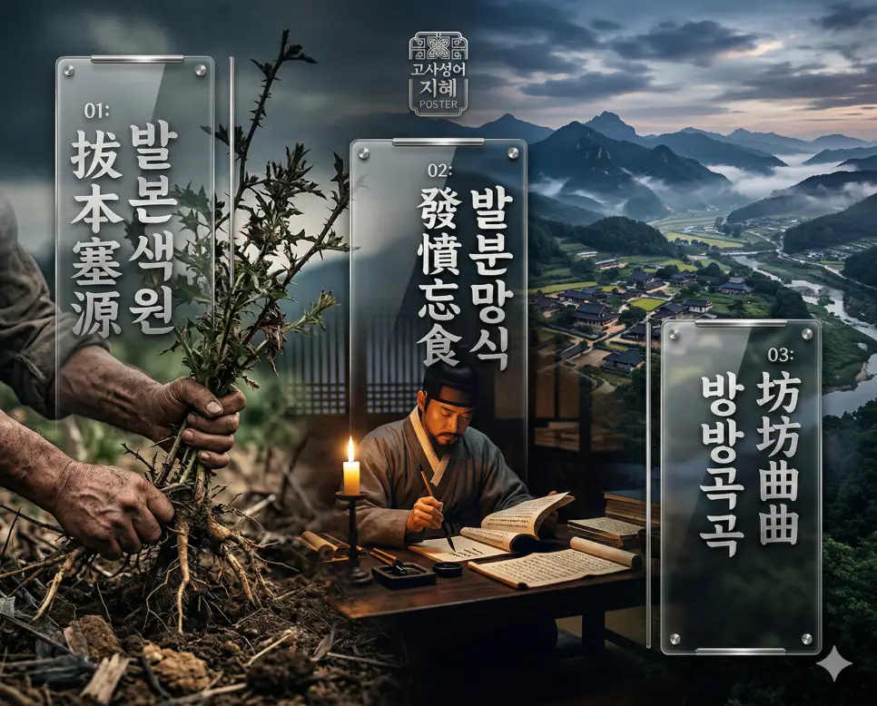 발본색원, 발분망식, 방방곡곡의 뜻과 핵심을 담은 세련된 영화 포스터 스타일의 FAQ 인포그래픽