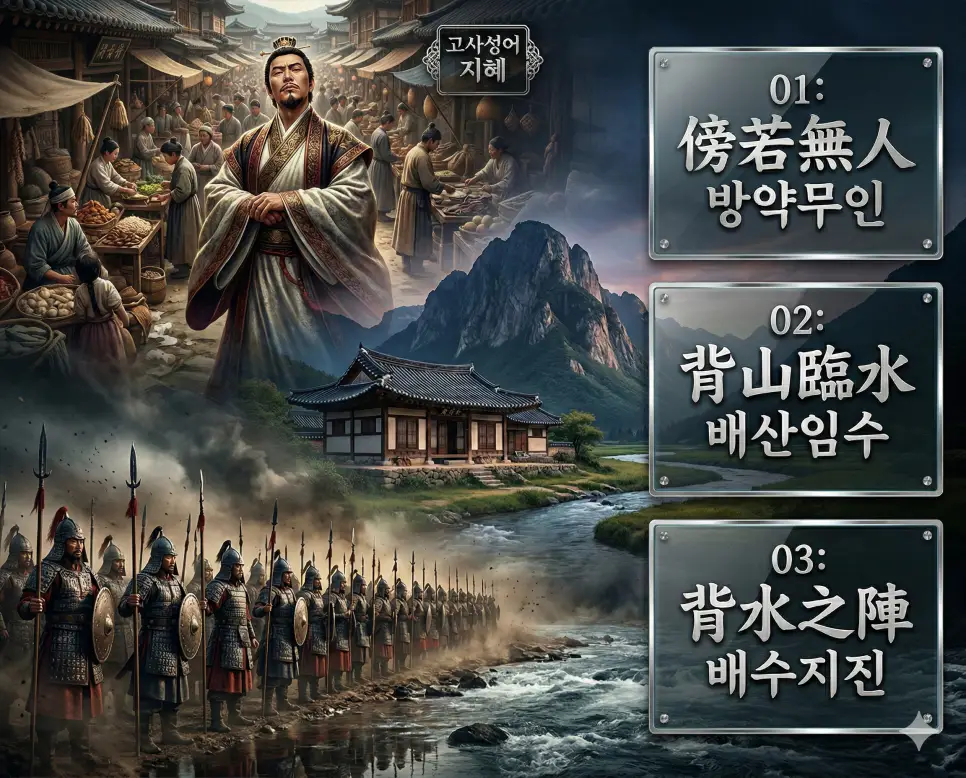A premium, high-impact digital art in a layered movie poster style. The background is a sophisticated mix of overlapping images representing ONLY these three: a haughty figure in a market, a house between a mountain and a river, and soldiers lined up by a river for battle. Text strictly consists ONLY of Hanja and Korean names arranged vertically on modern glass panels with polished silver trim: 01: 傍若無人 방약무인, 02: 背山臨水 배산임수, 03: 背水之陣 배수지진. The typography is modern, bold, brushed silver, with an artisanal, non-repetitive placement. Each character and word is rendered exactly once. A small, stylized silver emblem at the top reads "고사성어 지혜 POSTER". Strictly NO English descriptions, subtitles, or labels. Ultra-sharp, 8k, photorealistic magazine finish. 966x780px.