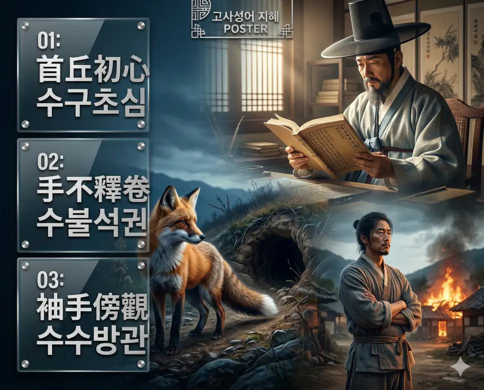 수구초심, 수불석권, 수수방관의 뜻과 핵심을 담은 세련된 영화 포스터 스타일의 FAQ 인포그래픽