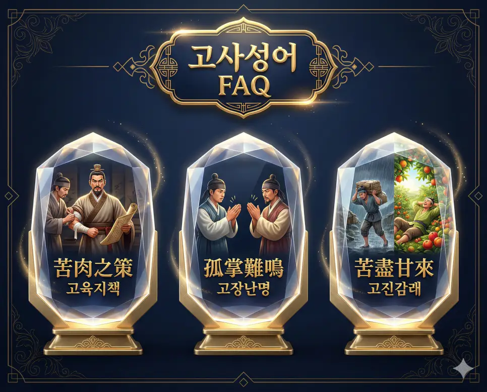 고육지책 뜻, 고장난명 뜻, 고진감래 뜻: 희생과 협력 뒤에 오는 달콤한 결실 4 고육지책, 고장난명, 고진감래의 뜻과 지혜를 한눈에 정리한 독창적인 FAQ 인포그래픽