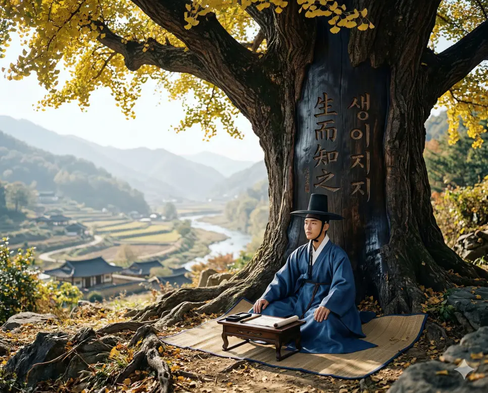 새옹지마 뜻, 생사고락 뜻, 생이지지 뜻: 인생의 변화와 동행의 가치, 천부적 지혜 정리 3 생이지지(生而知之) 뜻 – 배우지 않아도 태어나면서부터 도를 앎을 의미하며, 고목 아래서 깊은 깨달음을 얻은 젊은 현자의 사실적 이미지