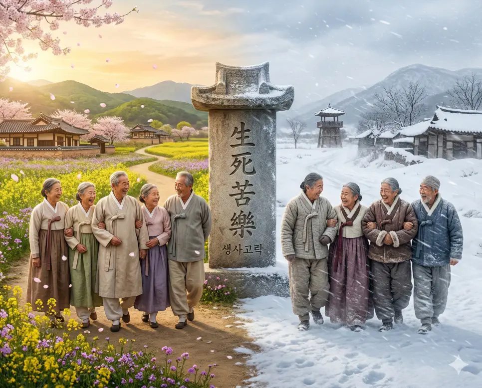 새옹지마 뜻, 생사고락 뜻, 생이지지 뜻: 인생의 변화와 동행의 가치, 천부적 지혜 정리 2 생사고락(生死苦樂) 뜻 – 삶과 죽음, 고통과 즐거움을 함께함을 의미하며, 사계절의 변화 속에서도 함께 걷는 동료들의 사실적 이미지