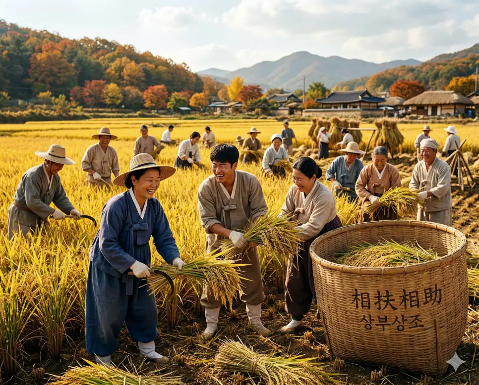 삼척동자 뜻, 상부상조 뜻, 상전벽해 뜻: 누구나 아는 진리와 상생의 미덕, 거대한 변화의 지혜 정리 2 상부상조(相扶相助) 뜻 – 서로서로 도움을 의미하며, 가을 들판에서 이웃과 함께 즐겁게 수확을 돕는 사람들의 따뜻하고 사실적인 이미지