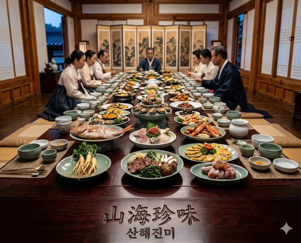 산전수전 뜻, 산자수명 뜻, 산해진미 뜻: 세상의 풍파를 이겨낸 내공과 자연의 아름다움, 풍요로운 식탁 정리 3 산해진미(山海珍味) 뜻 – 산과 바다에서 나는 온갖 귀하고 맛있는 음식을 의미하며, 화려한 그릇에 담긴 진귀한 요리들이 가득한 잔칫상의 사실적 이미지