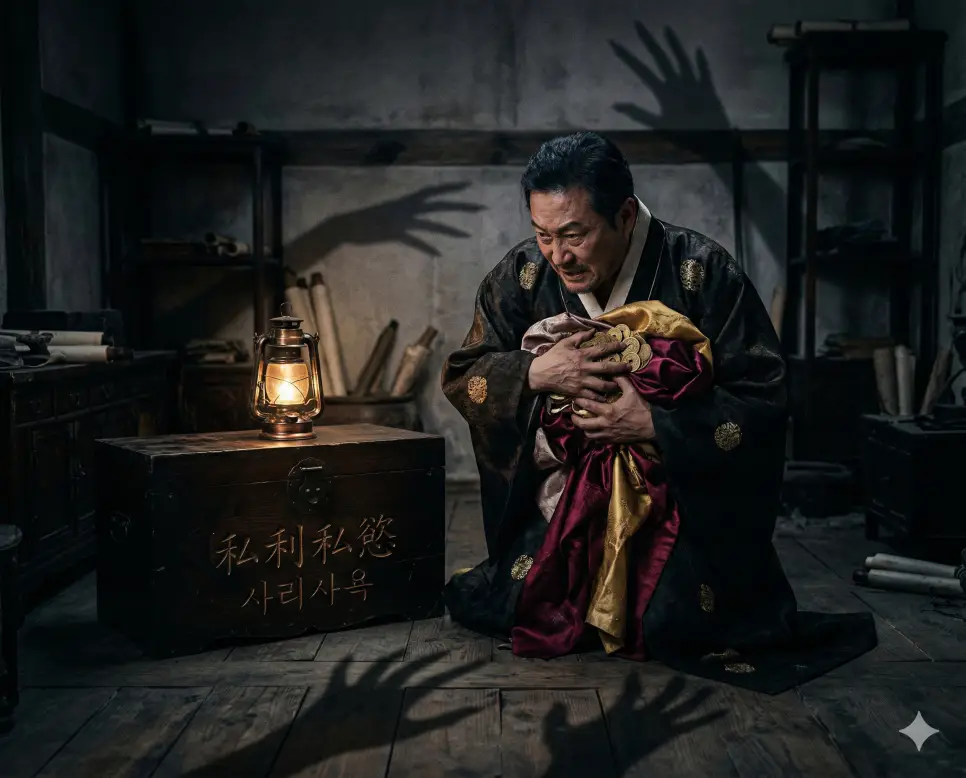 사고무친 뜻, 사리사욕 뜻, 사면팔방 뜻: 고립의 극복과 탐욕의 경계, 무한한 확장의 지혜 정리 2 사리사욕(私利私慾) 뜻 – 사사로운 이익과 욕심을 의미하며, 어두운 방에서 보물 상자의 금화를 독차지하려는 탐욕스러운 인물의 사실적 이미지