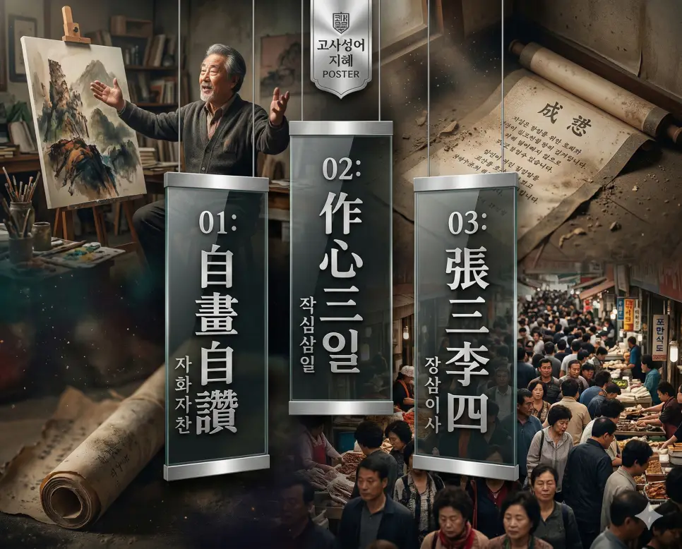 자화자찬 뜻, 작심삼일 뜻, 장삼이사 뜻: 자기 과시와 결심의 한계, 평범한 사람들의 지혜 4 자화자찬, 작심삼일, 장삼이사의 뜻과 핵심을 담은 세련된 영화 포스터 스타일의 고사성어 인포그래픽