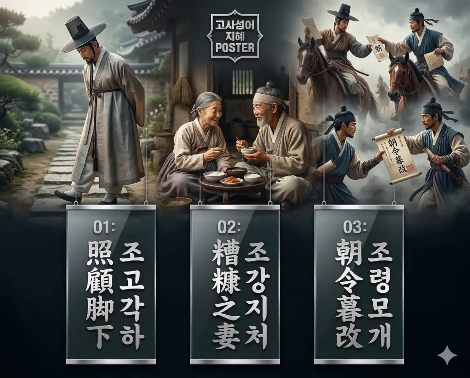 조고각하 뜻, 조강지처 뜻, 조령모개 뜻: 내면의 성찰과 신의의 가치, 일관성의 지혜 정리 4 조고각하, 조강지처, 조령모개의 뜻과 핵심을 담은 세련된 고사성어 인포그래픽