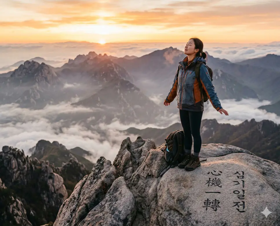 신출귀몰 뜻, 심기일전 뜻, 심사숙고 뜻: 변화무쌍한 능력과 새로운 결단, 신중한 판단의 지혜 정리 2 심기일전(心機一轉) 뜻 – 어떤 계기로 마음을 완전히 바꿈을 의미하며, 일출이 시작되는 산 정상에서 새로운 결의를 다지는 인물의 희망차고 사실적인 이미지