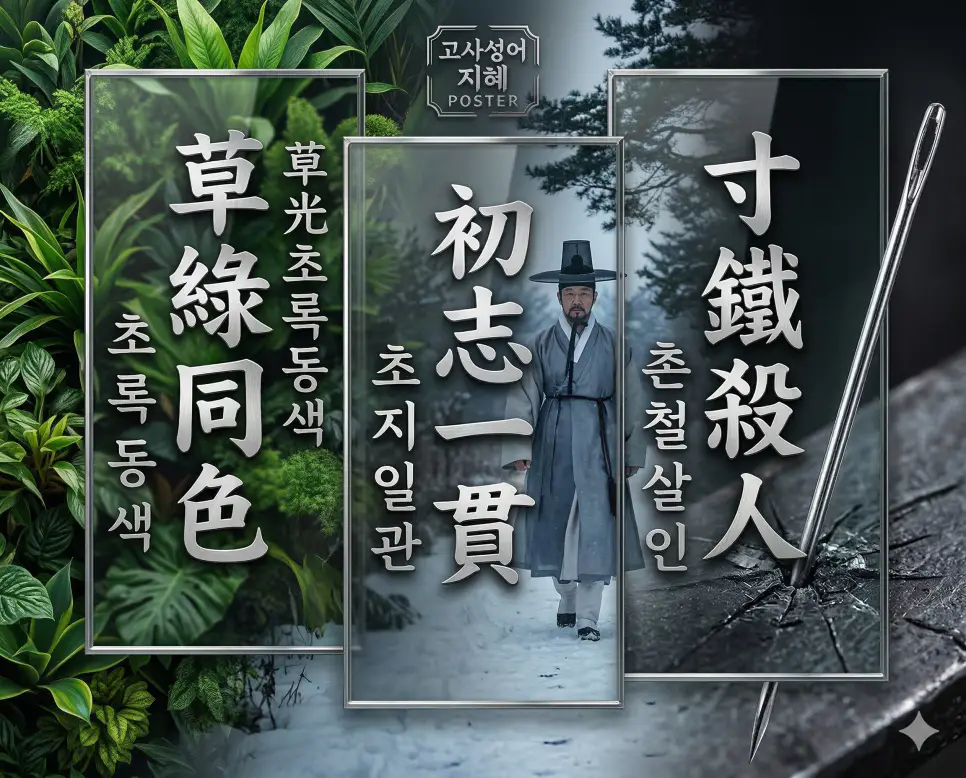 초록동색, 초지일관, 촌철살인의 뜻과 핵심을 담은 세련된 영화 포스터 스타일의 고사성어 인포그래픽