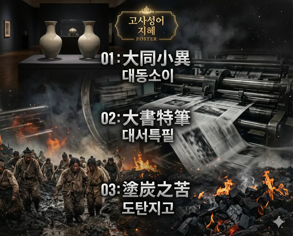 대동소이, 대서특필, 도탄지고의 뜻과 핵심을 배경 이미지와 함께 정리한 세련된 영화 포스터 스타일의 FAQ 인포그래픽