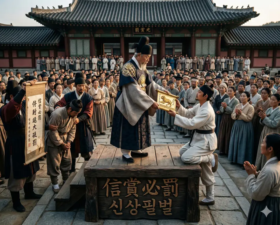 신상필벌(信賞必罰) 뜻 – 공이 있는 자에게 반드시 상을 주고 죄가 있는 자에게 벌을 줌을 의미하며, 군중 앞에서 공정한 판결을 내리는 관리의 사실적 이미지