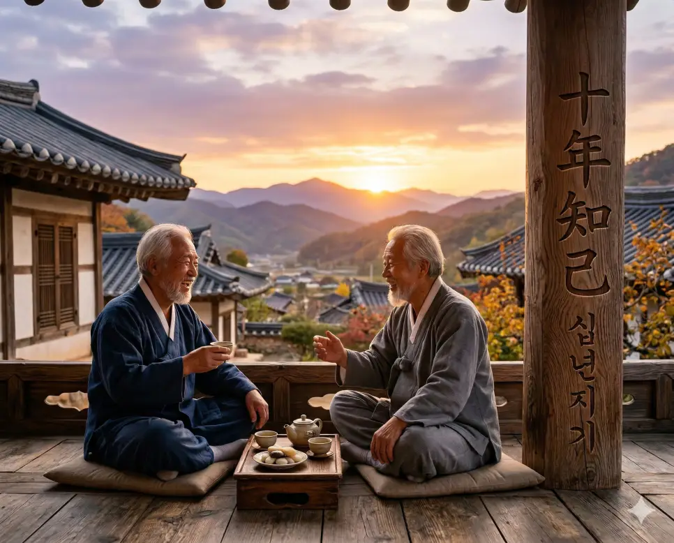 십년지기 뜻, 십벌지목 뜻, 십시일반 뜻: 변치 않는 우정과 끈기 있는 노력, 상생의 지혜 정리 1 십년지기(十年知己) 뜻 – 십 년을 사귀어 온 아주 친한 친구를 의미하며, 노을 지는 툇마루에 앉아 정답게 대화를 나누는 오랜 벗들의 사실적 이미지