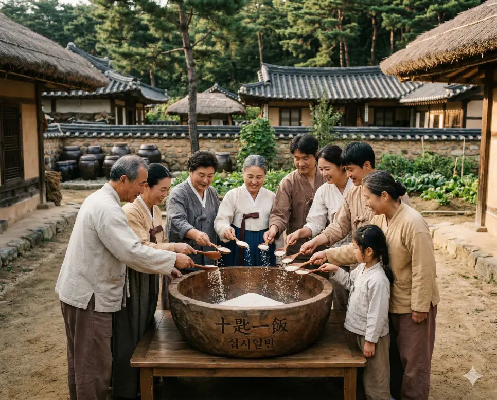십시일반(十匙一飯) 뜻 – 열 숟가락의 밥이 한 그릇이 된다는 뜻으로 여럿이 힘을 합쳐 도움을 의미하며, 큰 사발에 쌀을 보태는 마을 사람들의 따뜻하고 사실적인 이미지