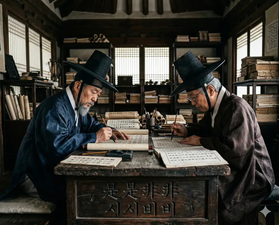 시시비비(是是非非) 뜻 – 옳고 그름을 명확히 가림을 의미하며, 탁자 앞에서 고문서를 대조하며 진위를 판별하는 선비들의 엄숙하고 사실적인 이미지