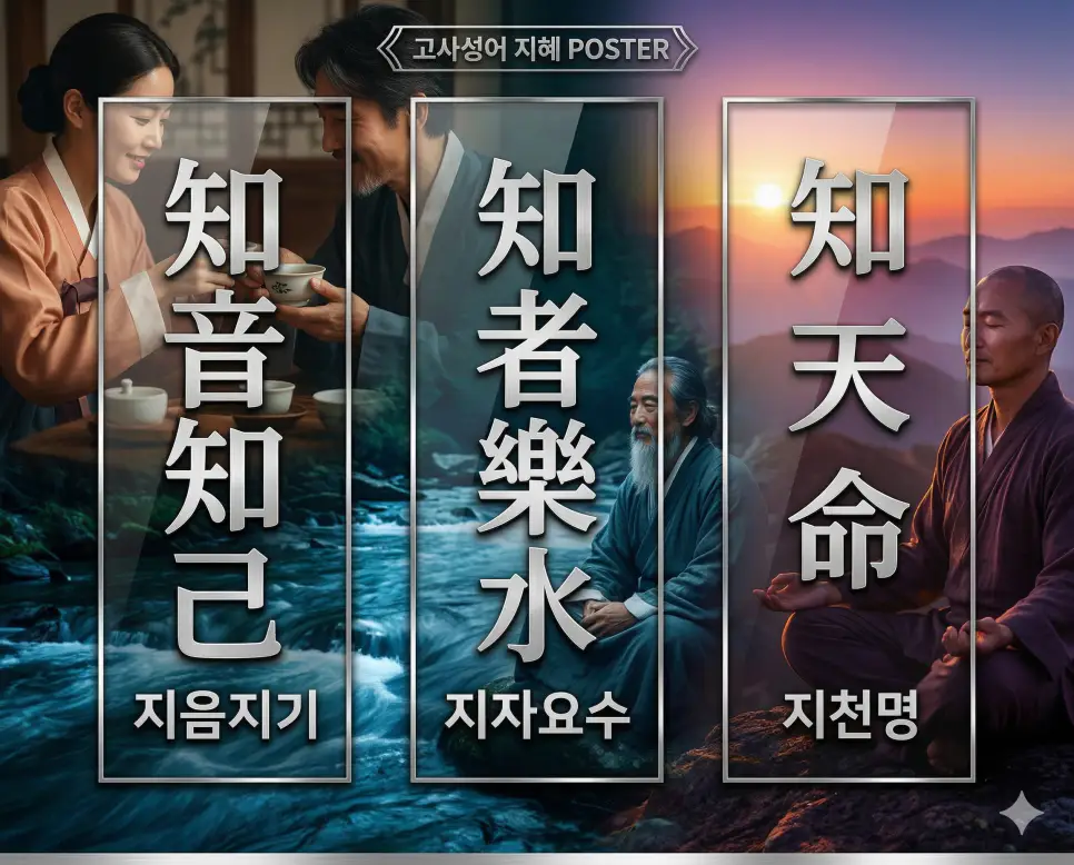 지음지기 뜻, 지자요수 뜻, 지천명 뜻: 진정한 우정과 자연의 지혜, 하늘의 명을 깨닫는 법 4 지음지기, 지자요수, 지천명의 뜻과 핵심을 담은 세련된 영화 포스터 스타일의 고사성어 인포그래픽