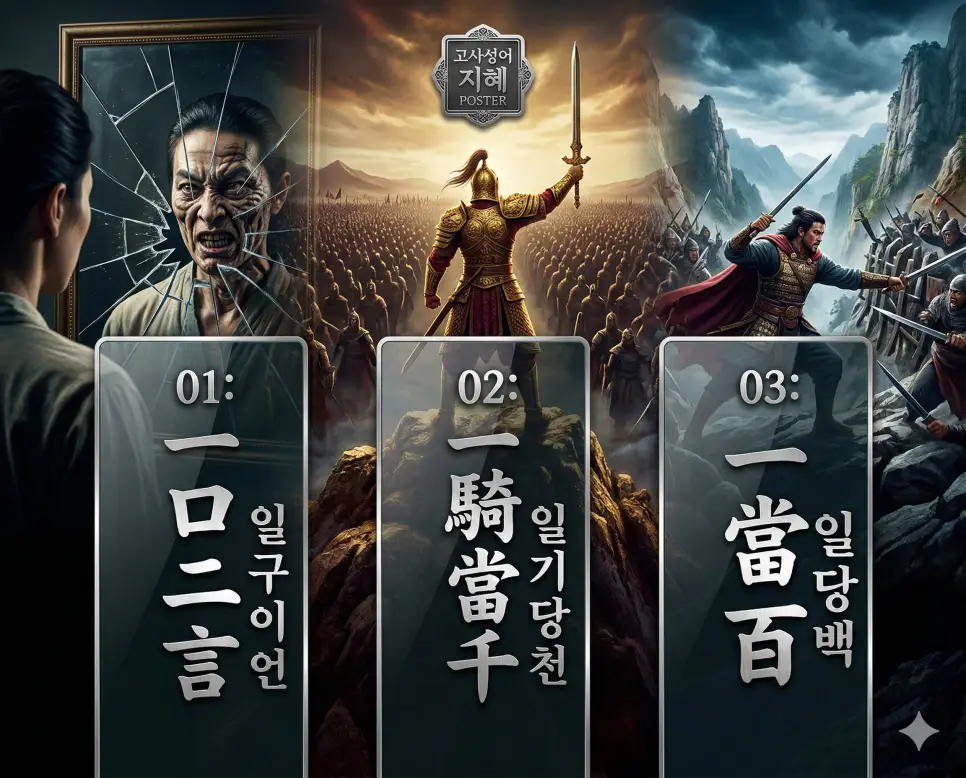 일구이언, 일기당천, 일당백의 뜻과 핵심을 담은 세련된 영화 포스터 스타일의 FAQ 인포그래픽