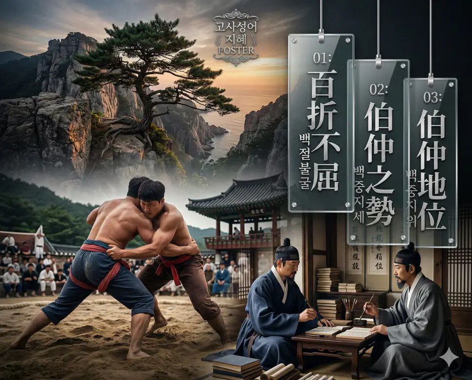 백중지위(伯仲地位) 뜻 – 서로 대등한 지위를 의미하며, 사랑방에서 마주 앉아 대등하게 토론하는 두 학자의 사실적 이미지
