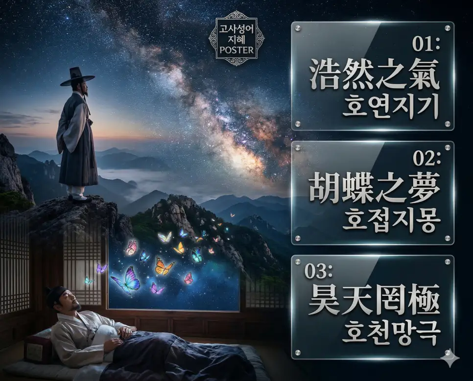 호연지기 뜻, 호접지몽 뜻, 호천망극 뜻: 드넓은 기상과 꿈과 현실의 경계, 끝없는 부모님 은혜 정리 4 호연지기, 호접지몽, 호천망극의 뜻과 핵심을 담은 세련된 영화 포스터 스타일의 고사성어 인포그래픽